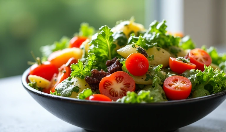 A vibrant salad bowl with various fresh vegetables and a light dressing, symbolizing healthy eating.