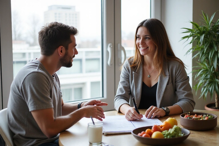 A nutritionist explaining a personalized meal plan to a client in a modern, brightly lit office setting, with healthy food items on the table.