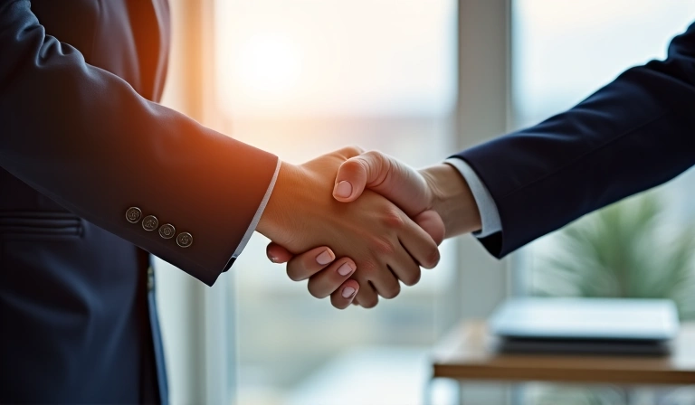Two people shaking hands, symbolizing agreement and partnership in a professional setting.